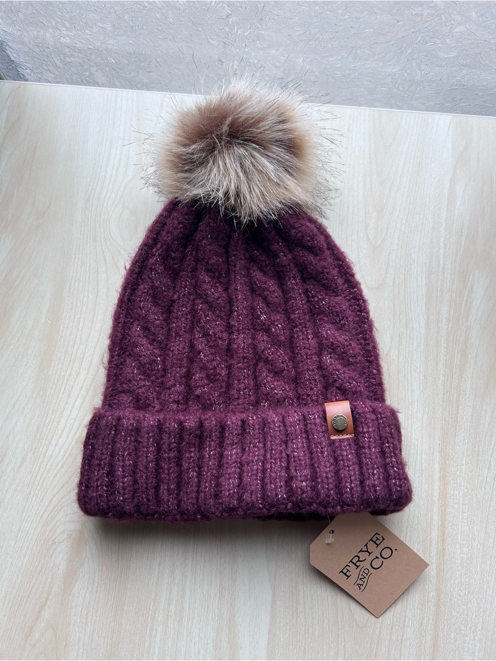 FRYE AND CO Burgundy Knit Pom Beanie NWT
